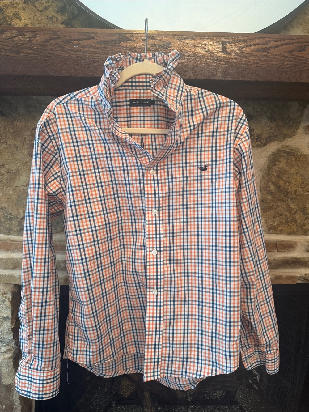 Upcycled Southern Marsh Orange and Blue Plaid Button-Down Shirt